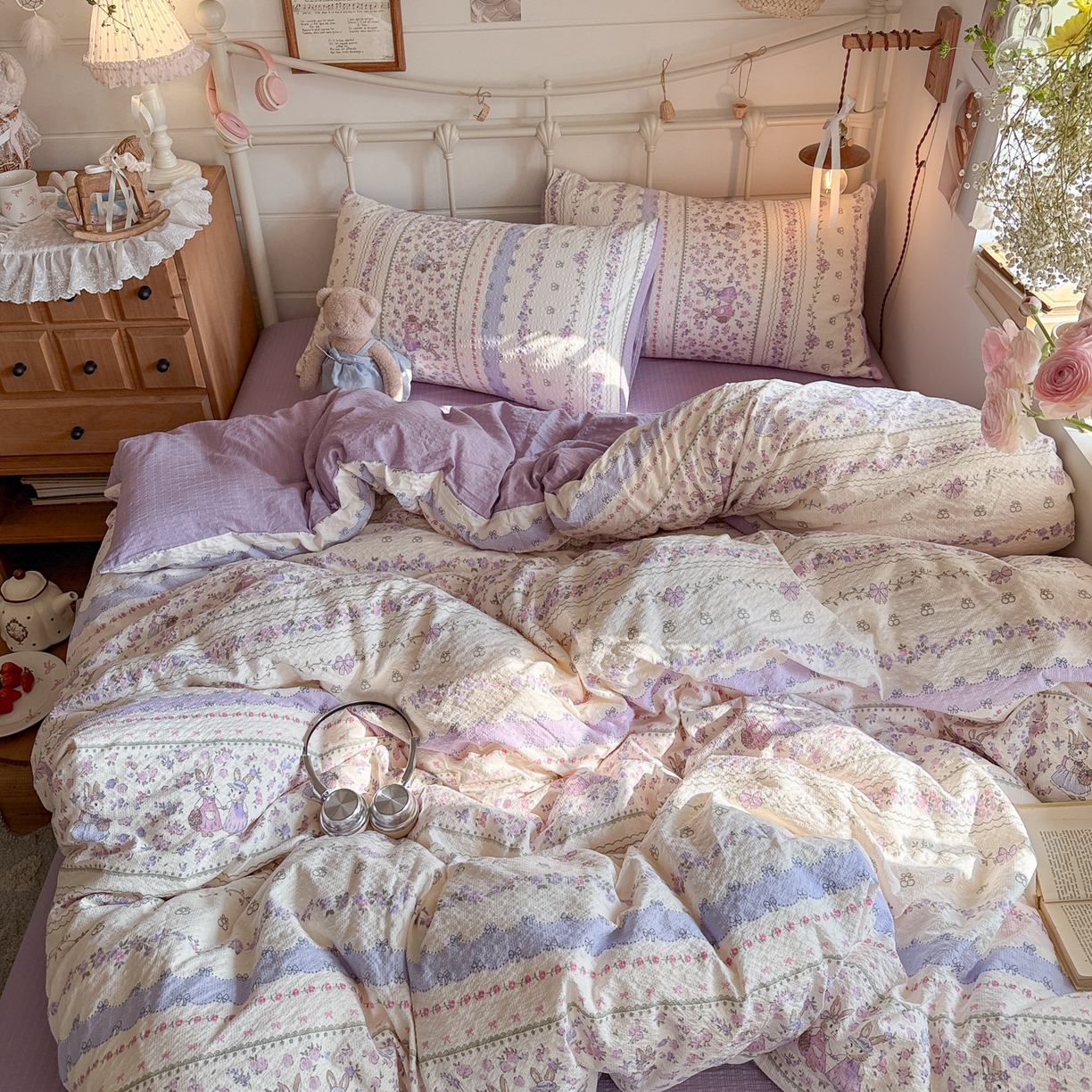 91家纺网 家纺一手货源 找家纺 初念 2026新款A类高品质110克超柔泡芙纱四件套 小兔裙边