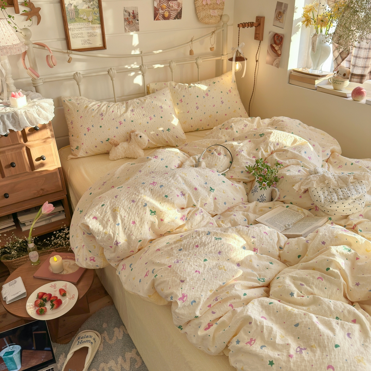 91家纺网 家纺一手货源 找家纺 初念 2026新款A类高品质110克超柔泡芙纱四件套 摇摇木马