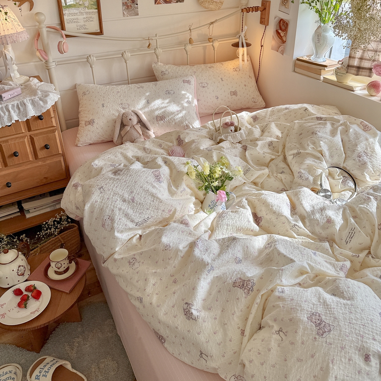 91家纺网 家纺一手货源 找家纺 初念 2026新款A类高品质110克超柔泡芙纱四件套 悦悦小兔