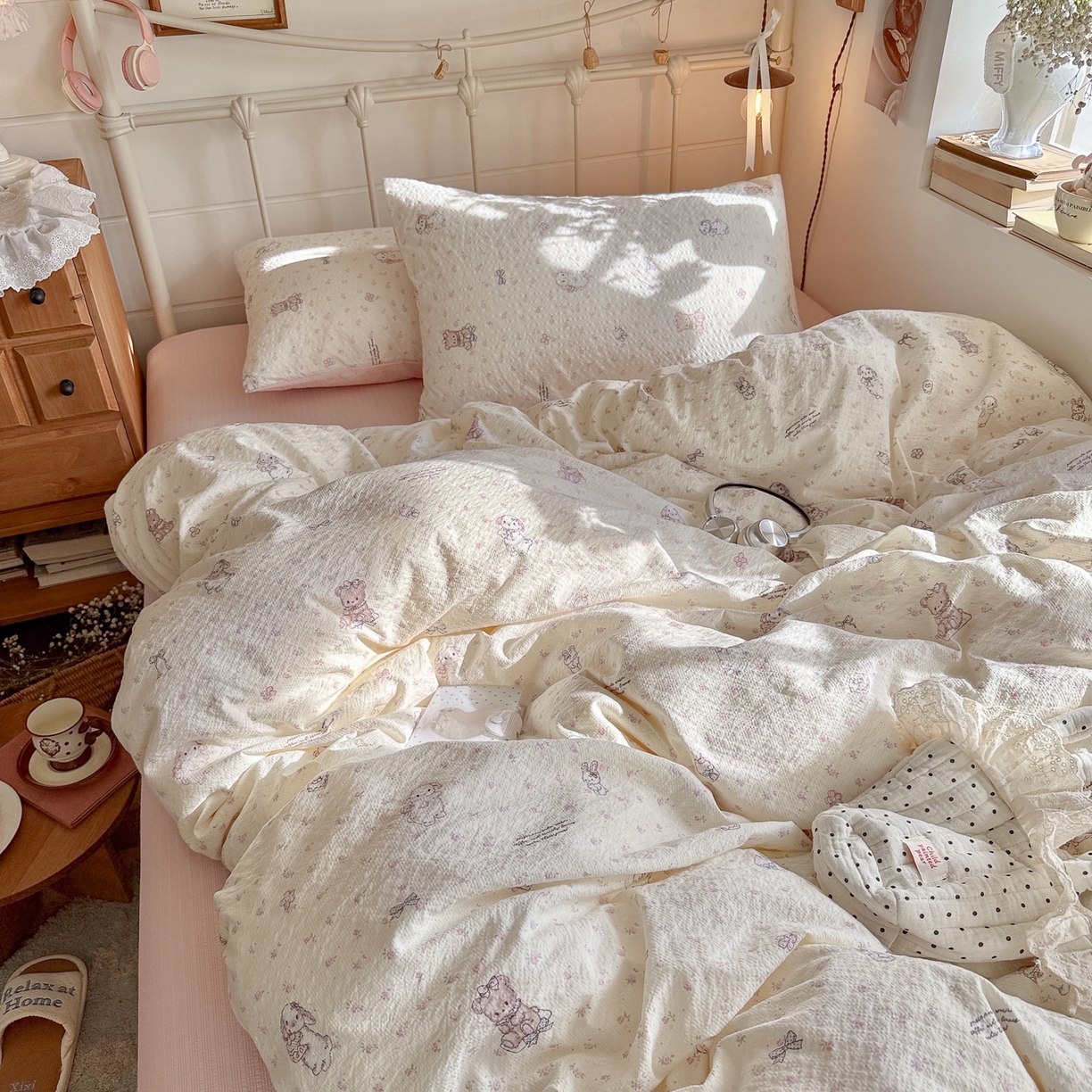 91家纺网 家纺一手货源 找家纺 初念 2026新款A类高品质110克超柔泡芙纱四件套 悦悦小兔