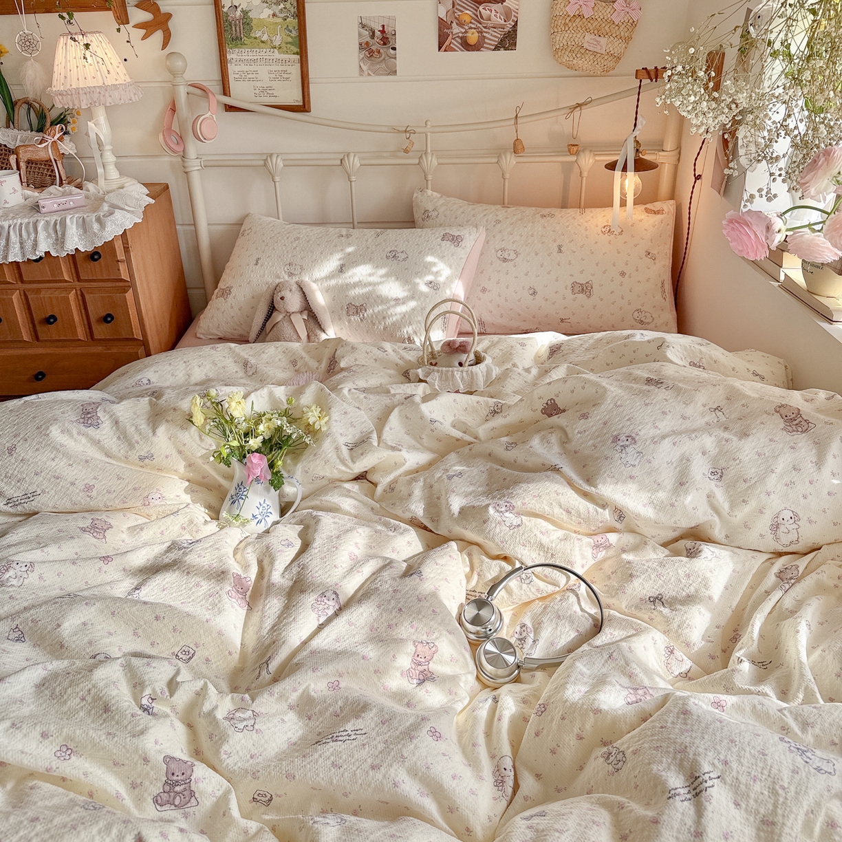 91家纺网 家纺一手货源 找家纺 初念 2026新款A类高品质110克超柔泡芙纱四件套 悦悦小兔