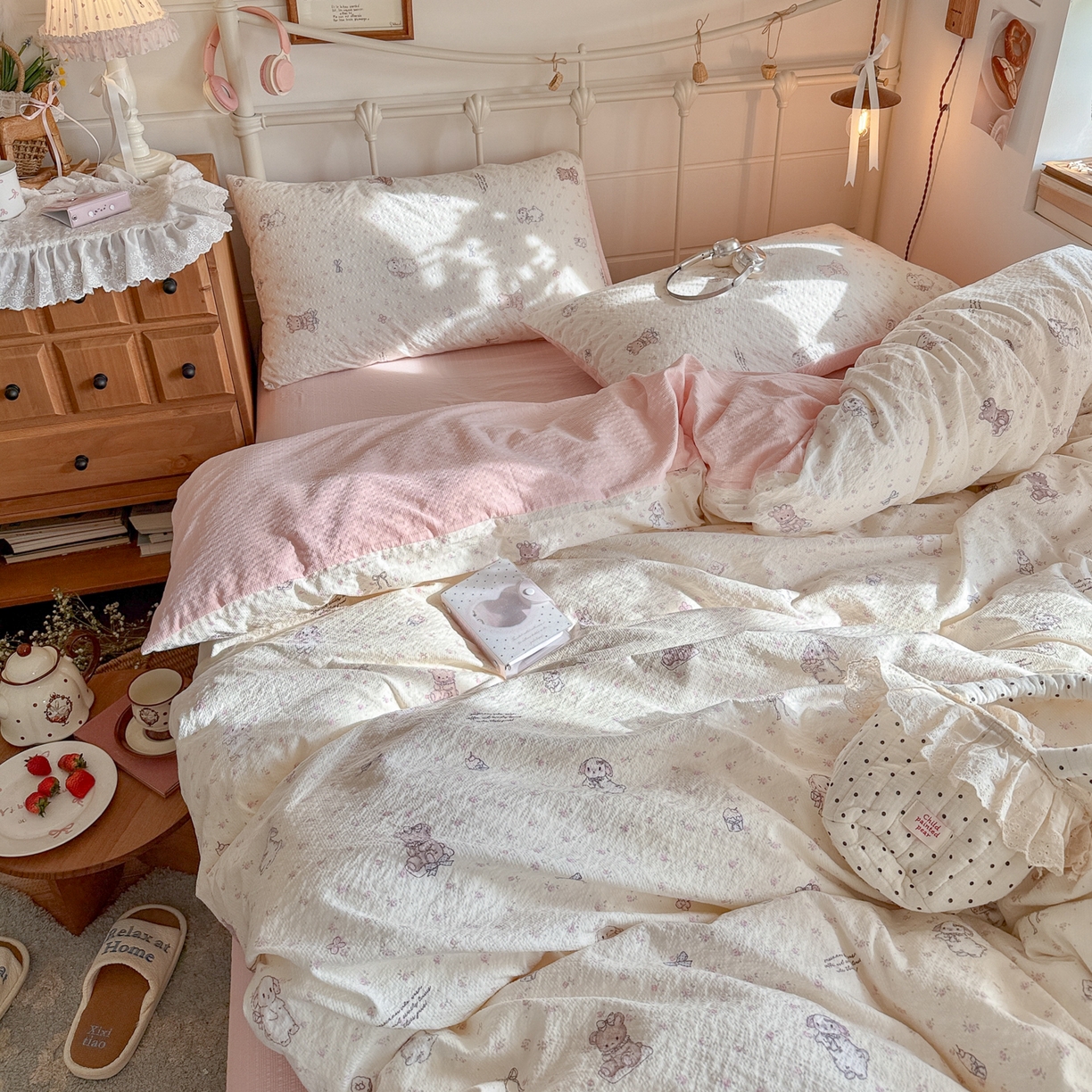 91家纺网 家纺一手货源 找家纺 初念 2026新款A类高品质110克超柔泡芙纱四件套 悦悦小兔