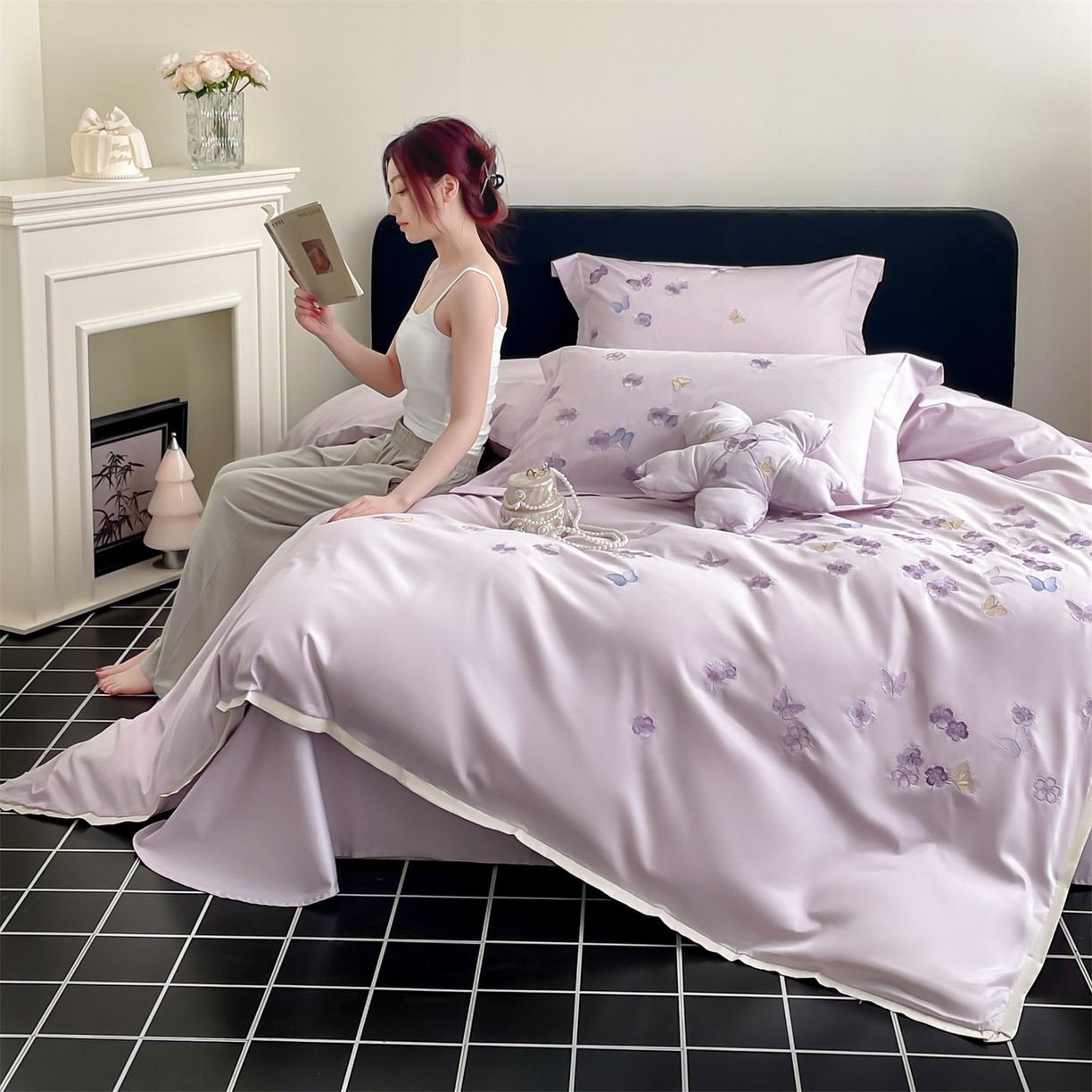 蓝米卡夫 2026春季新款-100S长绒棉贡缎刺绣系列四件套-繁花福语（礼盒） 繁花福语-幻紫祥瑞