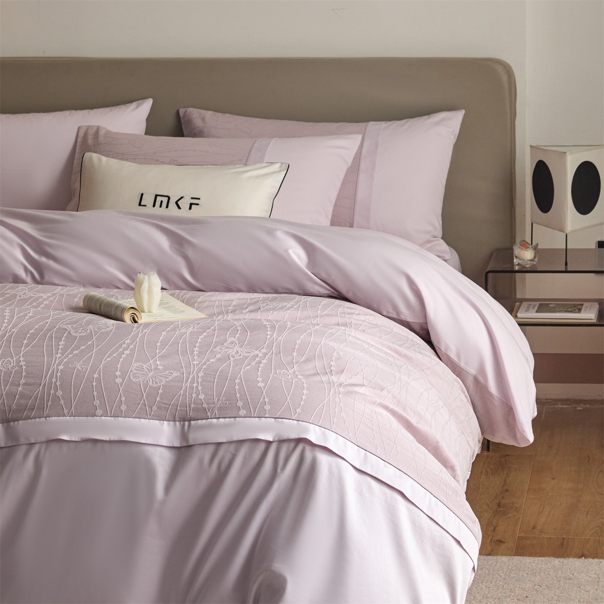 蓝米卡夫 2026春季新款-100S全棉亮面提花贡缎长绒棉拼接款（礼盒） 蝶梦-淡雅紫