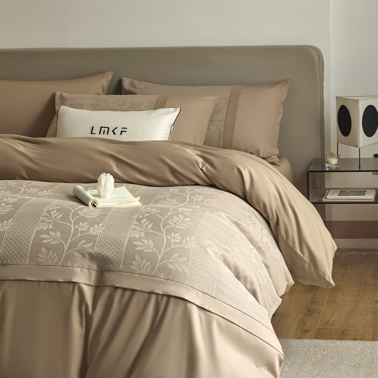 蓝米卡夫 2026春季新款-100S全棉亮面提花贡缎长绒棉拼接款（礼盒） 芊芊叶语-金属灰