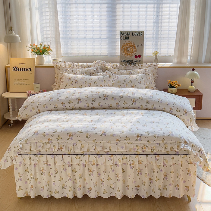 91家纺网 家纺一手货源 找家纺 （总）优家居 2026新款精仿棉床裙四件套水洗棉韩版公主风花边床裙单被套直播外贸定制