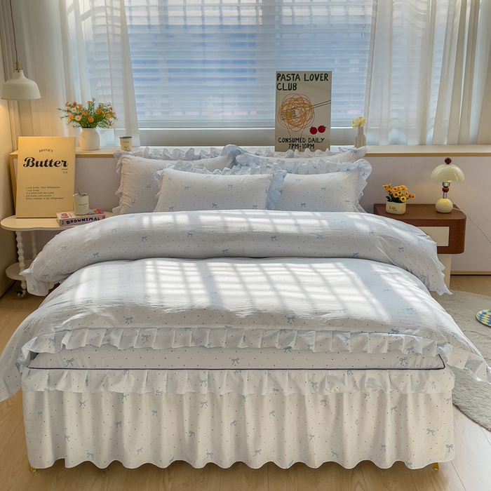 优家居 2026新款精仿棉床裙四件套水洗棉韩版公主风花边床裙单被套直播外贸定制 潘多拉-兰