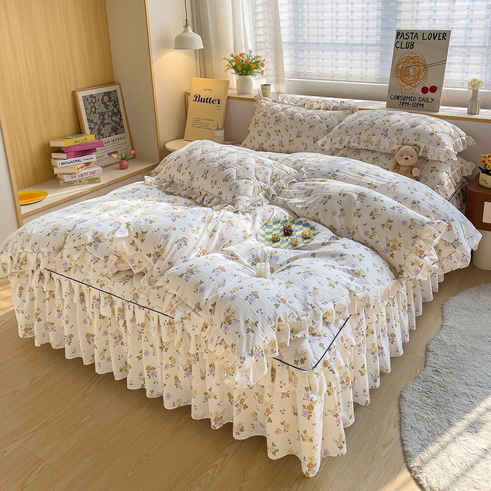 91家纺网 家纺一手货源 找家纺 优家居 2026新款精仿棉床裙四件套水洗棉韩版公主风花边床裙单被套直播外贸定制 海芋恋