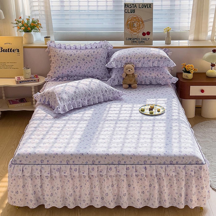 91家纺网 家纺一手货源 找家纺 优家居 2026新款精仿棉床裙四件套水洗棉韩版公主风花边床裙单被套直播外贸定制 情意绵绵