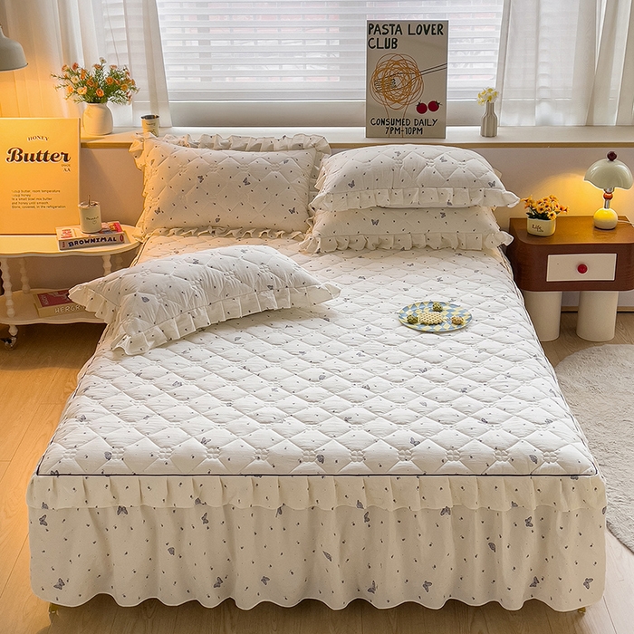 91家纺网 家纺一手货源 找家纺 优家居 2026新款精仿棉床裙四件套水洗棉韩版公主风花边床裙单被套直播外贸定制 蝶舞翩翩