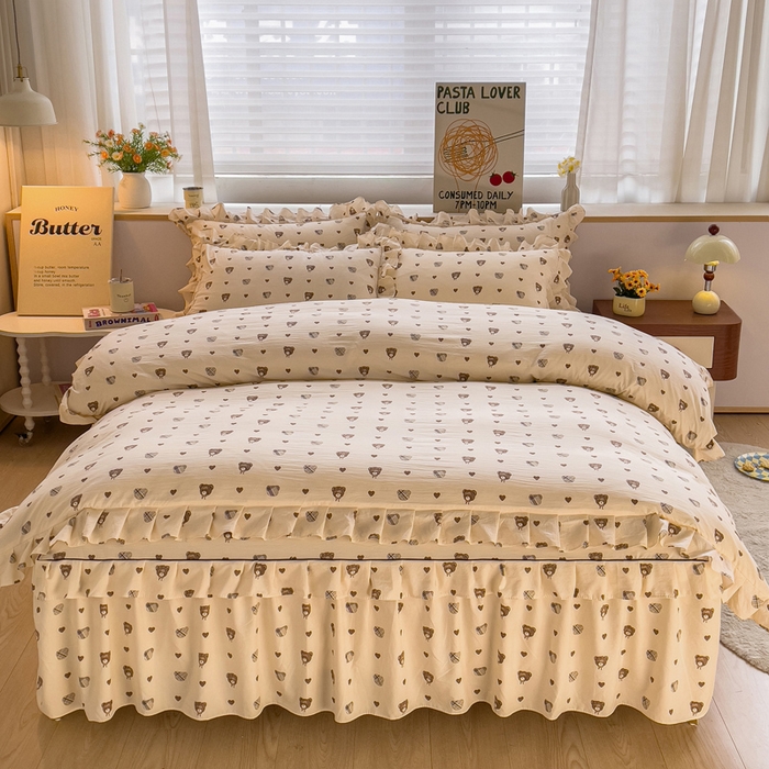 优家居 2026新款精仿棉床裙四件套水洗棉韩版公主风花边床裙单被套直播外贸定制 爱心熊