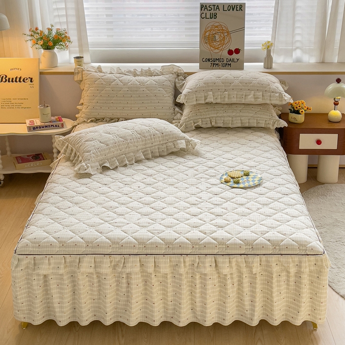 91家纺网 家纺一手货源 找家纺 优家居 2026新款精仿棉床裙四件套水洗棉韩版公主风花边床裙单被套直播外贸定制 北岛之恋