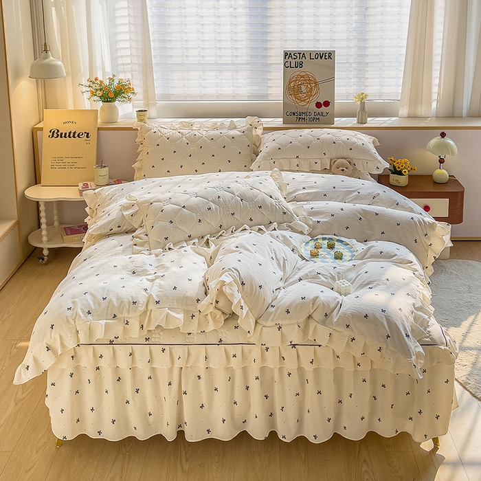 91家纺网 家纺一手货源 找家纺 优家居 2026新款精仿棉床裙四件套水洗棉韩版公主风花边床裙单被套直播外贸定制 情人节