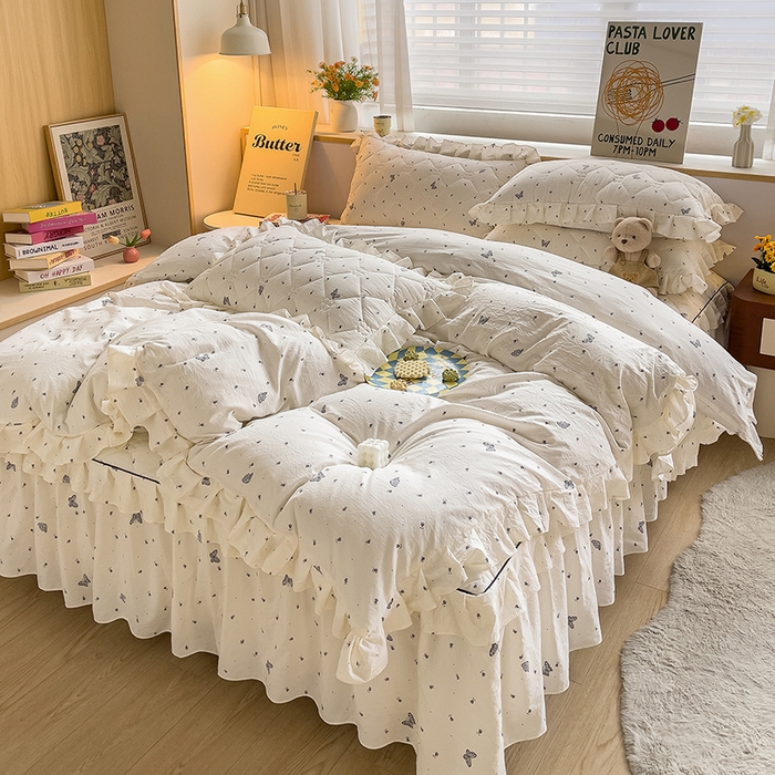 91家纺网 家纺一手货源 找家纺 （总）优家居 2026新款精仿棉夹棉床裙四件套水洗棉韩版公主风花边床裙被套直播外贸定制