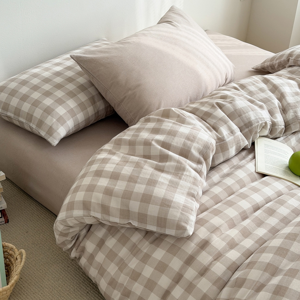 91家纺网 家纺一手货源 找家纺 （总）玖弘家居 2026新款全棉双层纱格子四件套（默认格子枕套）