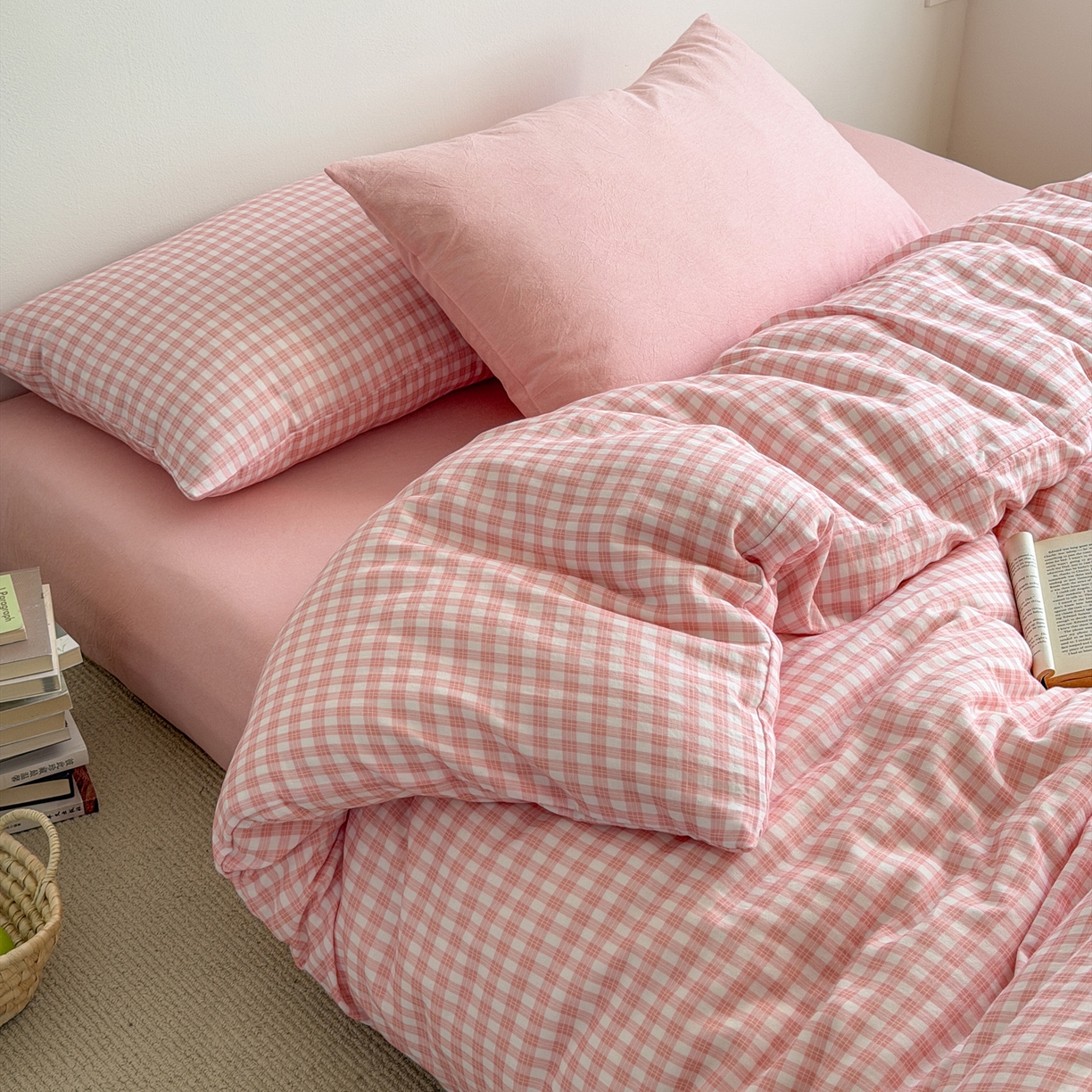 91家纺网 家纺一手货源 找家纺 （总）玖弘家居 2026新款全棉双层纱格子四件套（默认格子枕套）