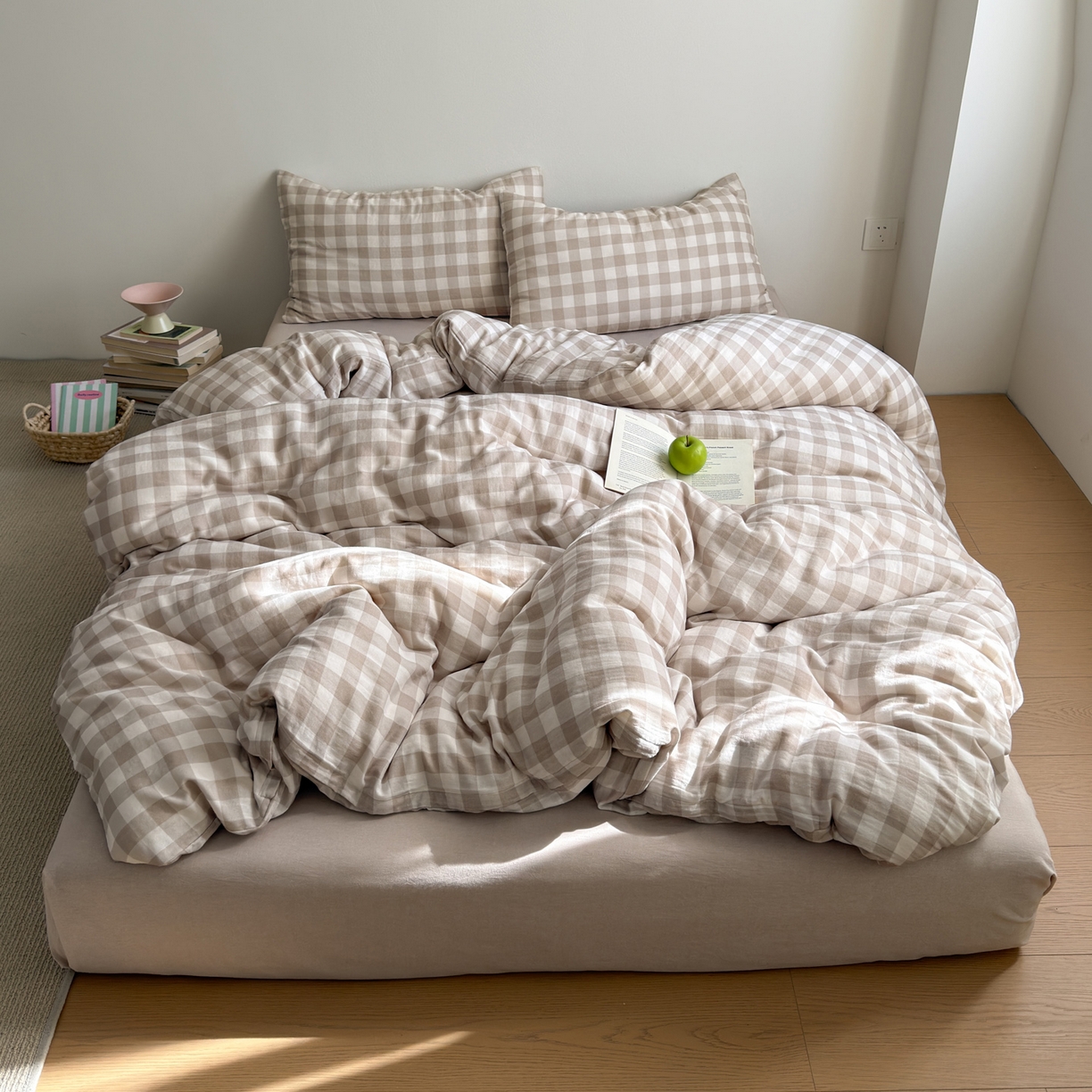 91家纺网 家纺一手货源 找家纺 （总）玖弘家居 2026新款全棉双层纱格子四件套（默认格子枕套）