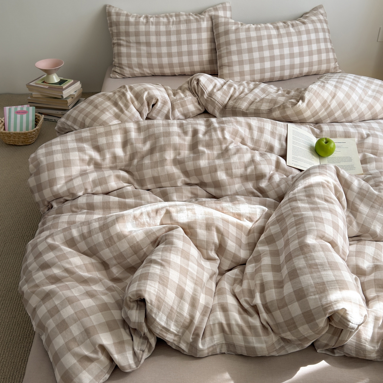 91家纺网 家纺一手货源 找家纺 （总）玖弘家居 2026新款全棉双层纱格子四件套（默认格子枕套）