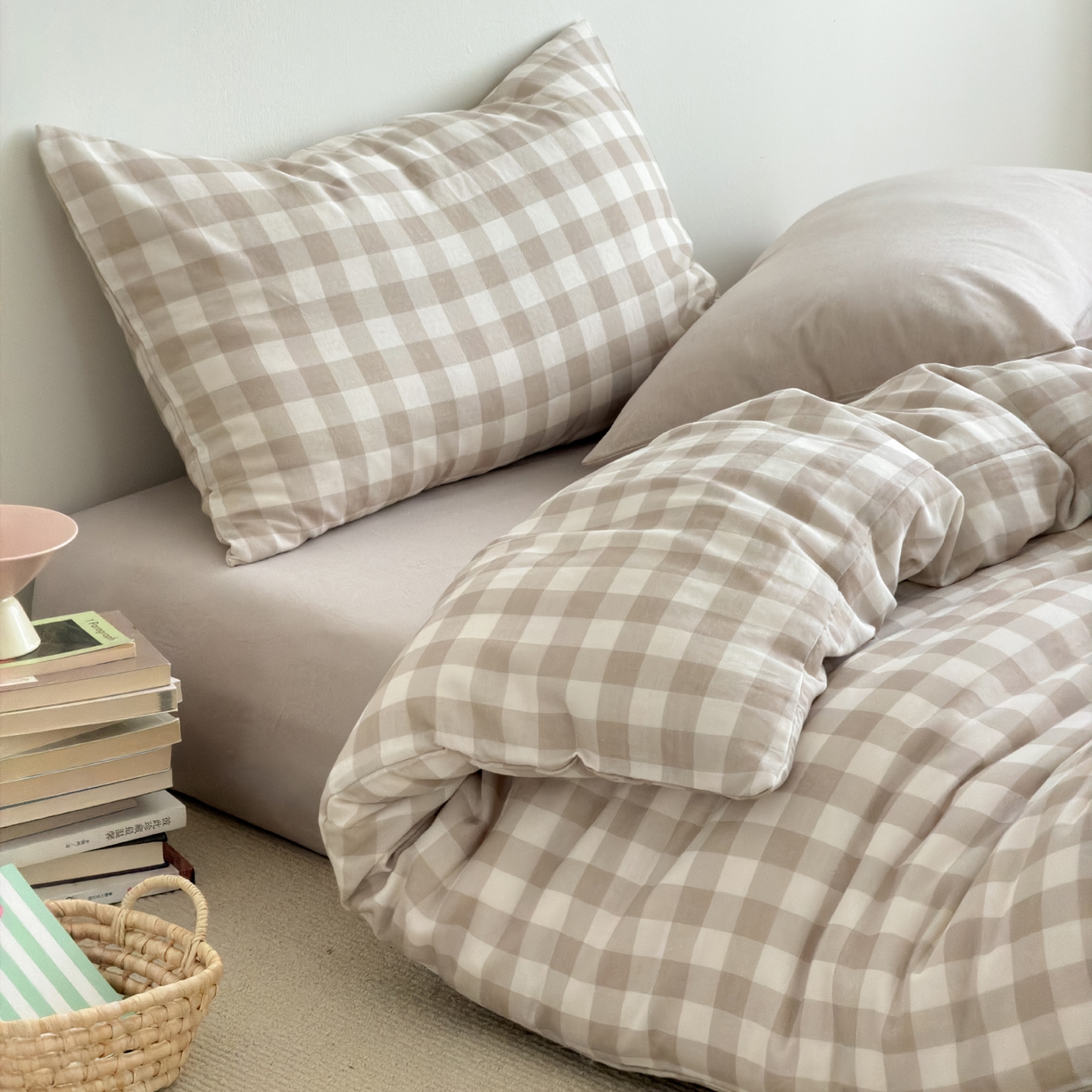 91家纺网 家纺一手货源 找家纺 （总）玖弘家居 2026新款全棉双层纱格子四件套（默认格子枕套）
