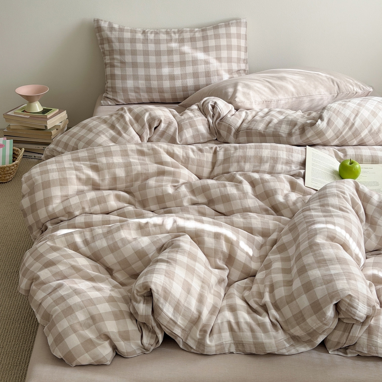 91家纺网 家纺一手货源 找家纺 （总）玖弘家居 2026新款全棉双层纱格子四件套（默认格子枕套）