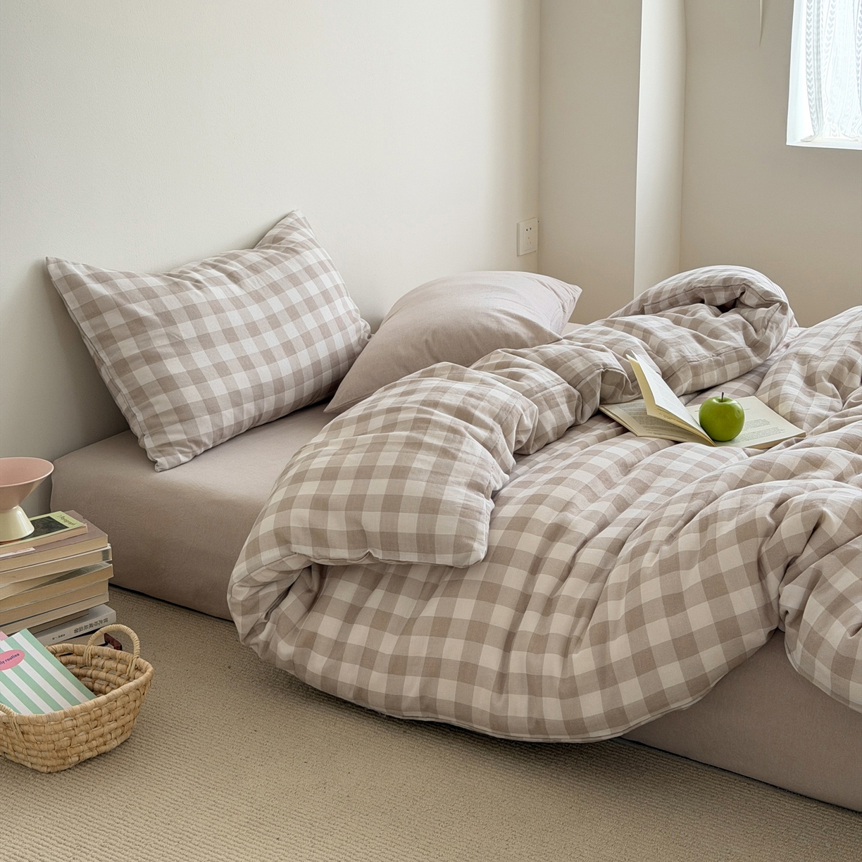 91家纺网 家纺一手货源 找家纺 （总）玖弘家居 2026新款全棉双层纱格子四件套（默认格子枕套）