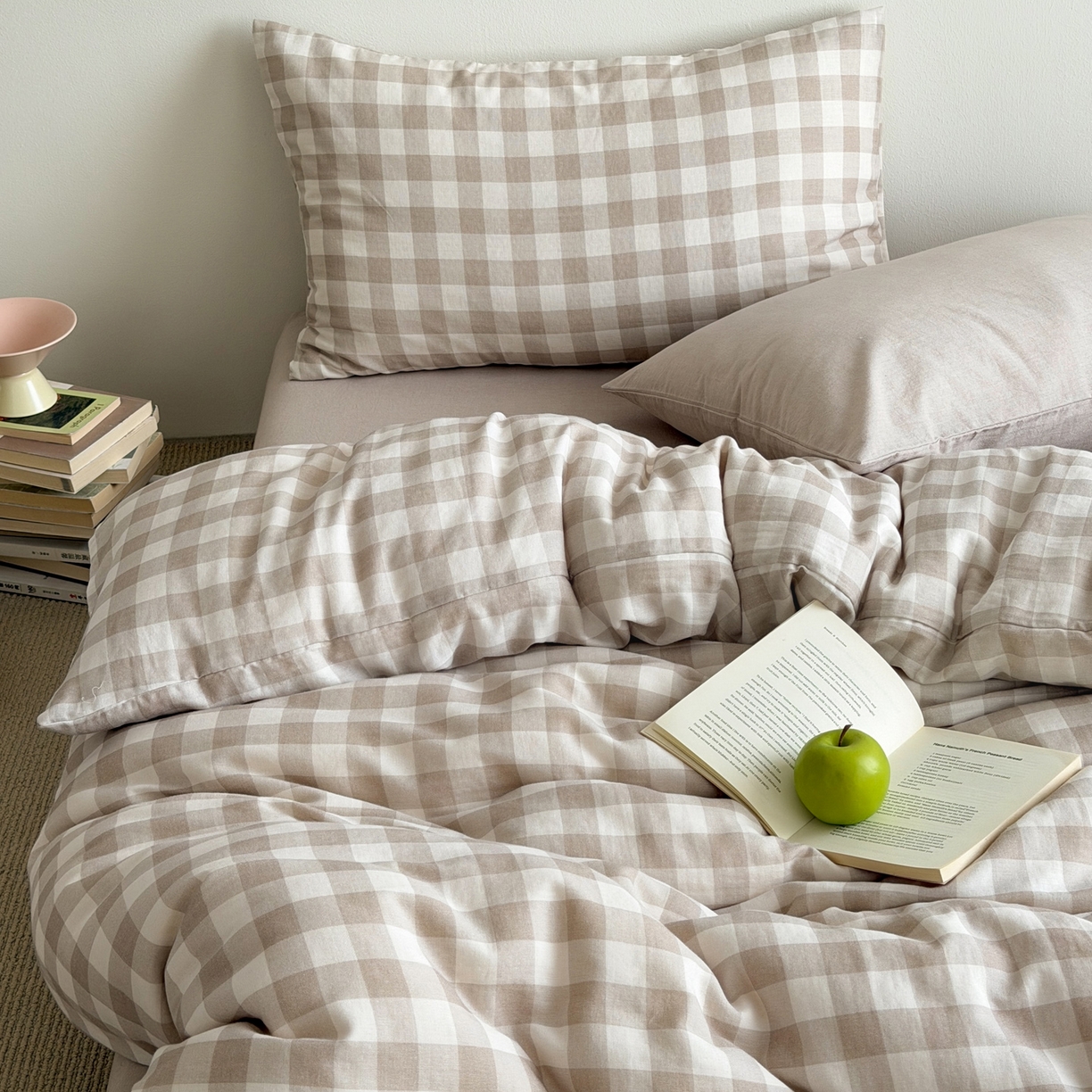 91家纺网 家纺一手货源 找家纺 （总）玖弘家居 2026新款全棉双层纱格子四件套（默认格子枕套）