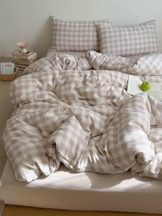 91家纺网 家纺一手货源 找家纺 （总）玖弘家居 2026新款全棉双层纱格子四件套（默认格子枕套）