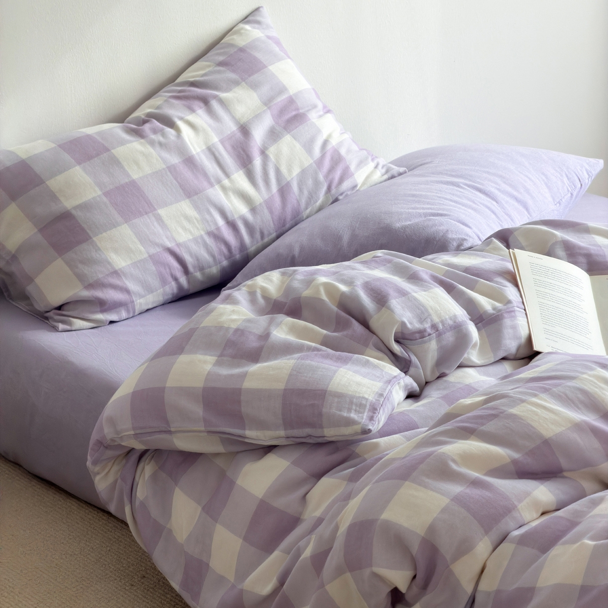 91家纺网 家纺一手货源 找家纺 玖弘家居 2026新款全棉双层纱格子四件套（默认格子枕套） 朦胧紫