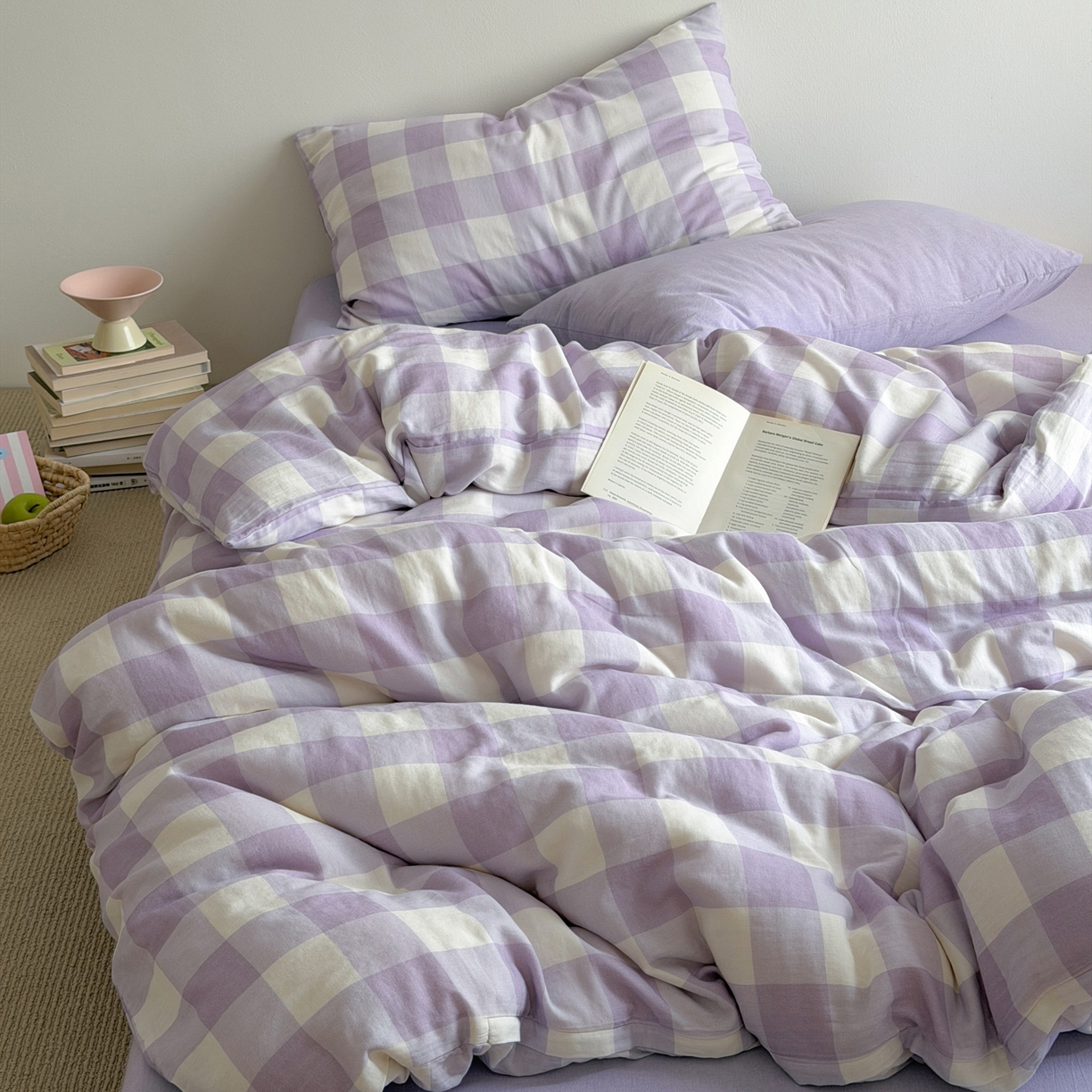 91家纺网 家纺一手货源 找家纺 玖弘家居 2026新款全棉双层纱格子四件套（默认格子枕套） 朦胧紫