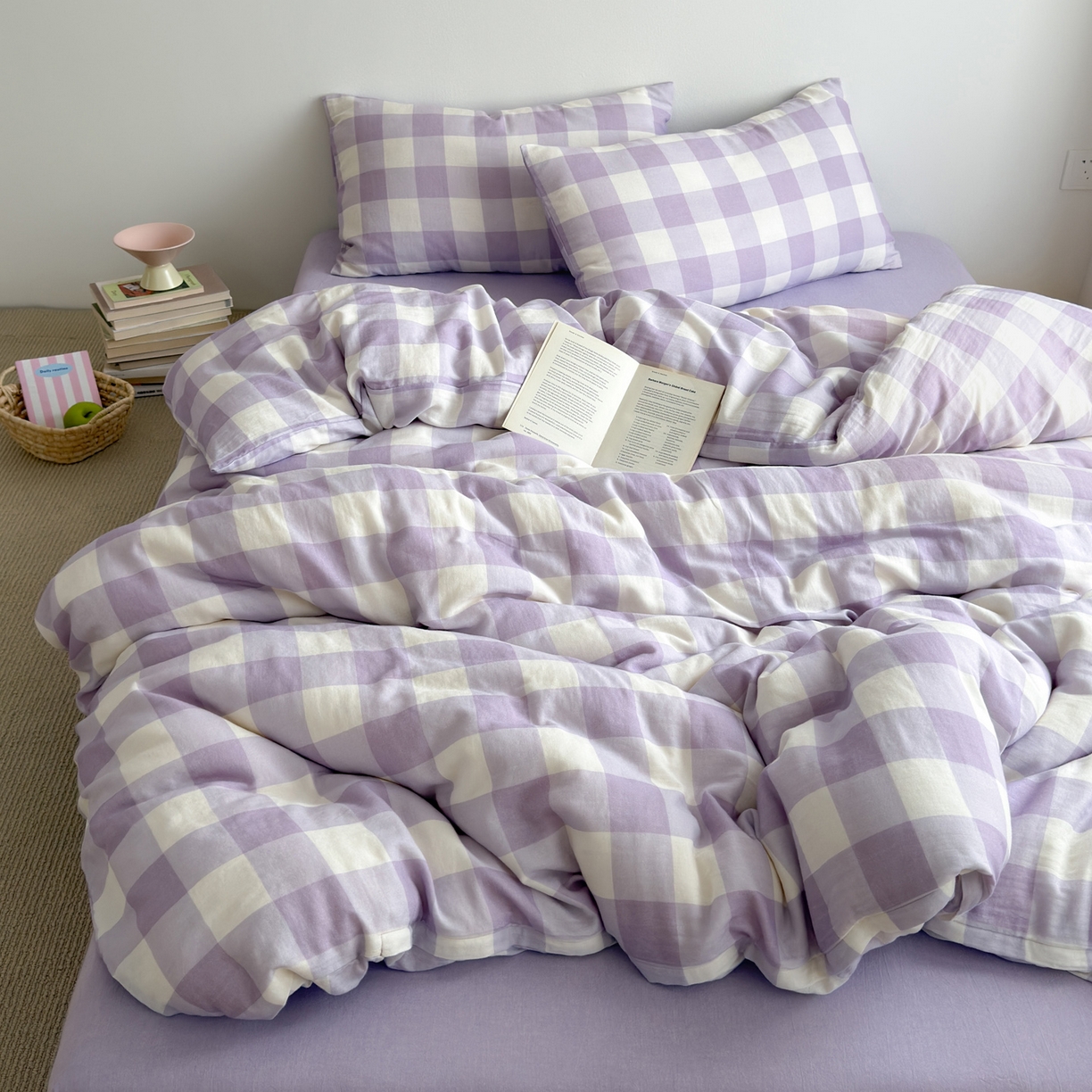 91家纺网 家纺一手货源 找家纺 玖弘家居 2026新款全棉双层纱格子四件套（默认格子枕套） 朦胧紫