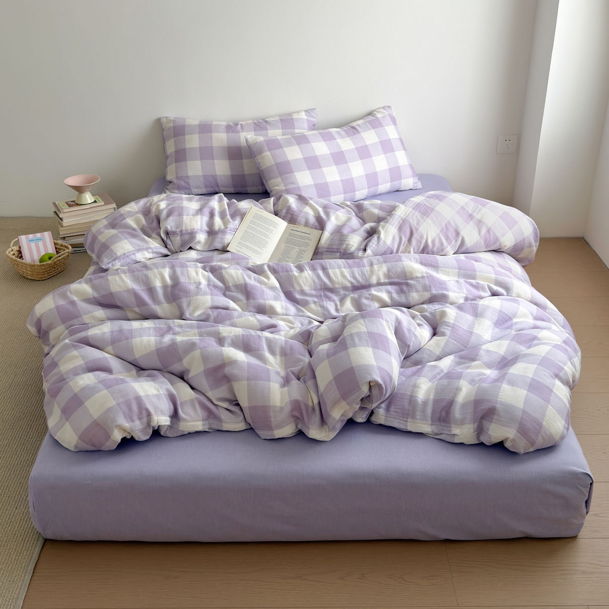 91家纺网 家纺一手货源 找家纺 玖弘家居 2026新款全棉双层纱格子四件套（默认格子枕套） 朦胧紫