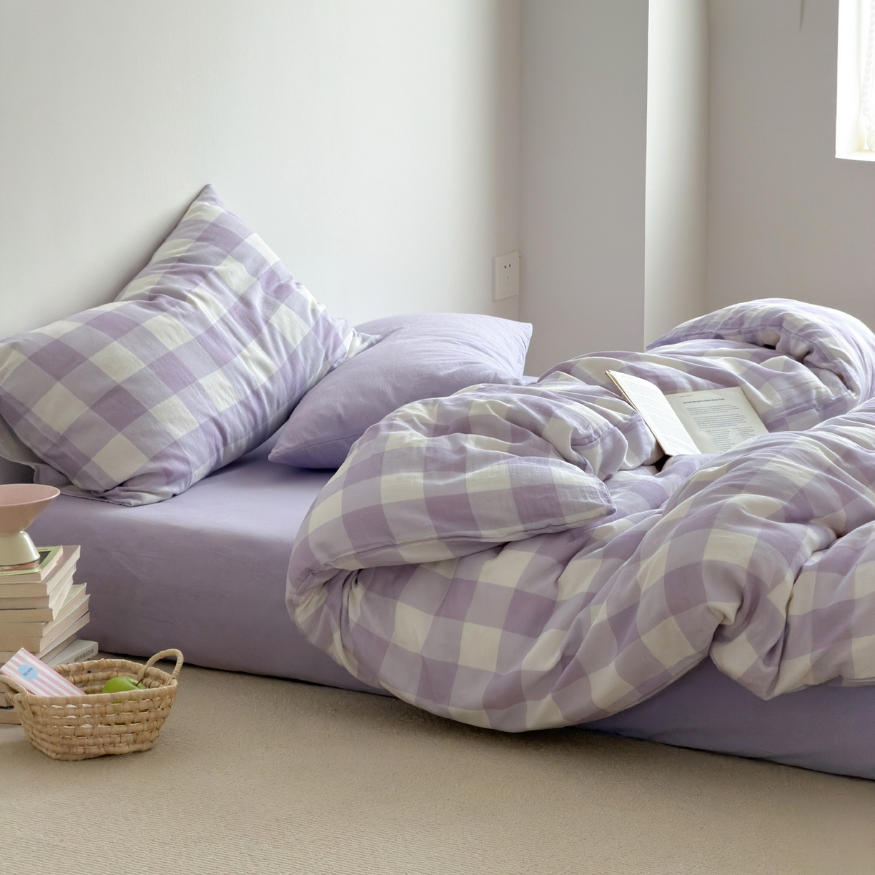 91家纺网 家纺一手货源 找家纺 玖弘家居 2026新款全棉双层纱格子四件套（默认格子枕套） 朦胧紫