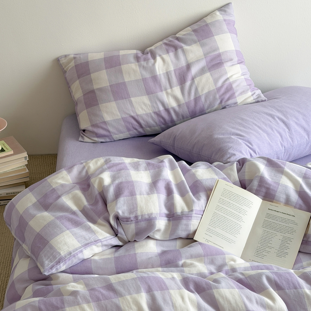 91家纺网 家纺一手货源 找家纺 玖弘家居 2026新款全棉双层纱格子四件套（默认格子枕套） 朦胧紫