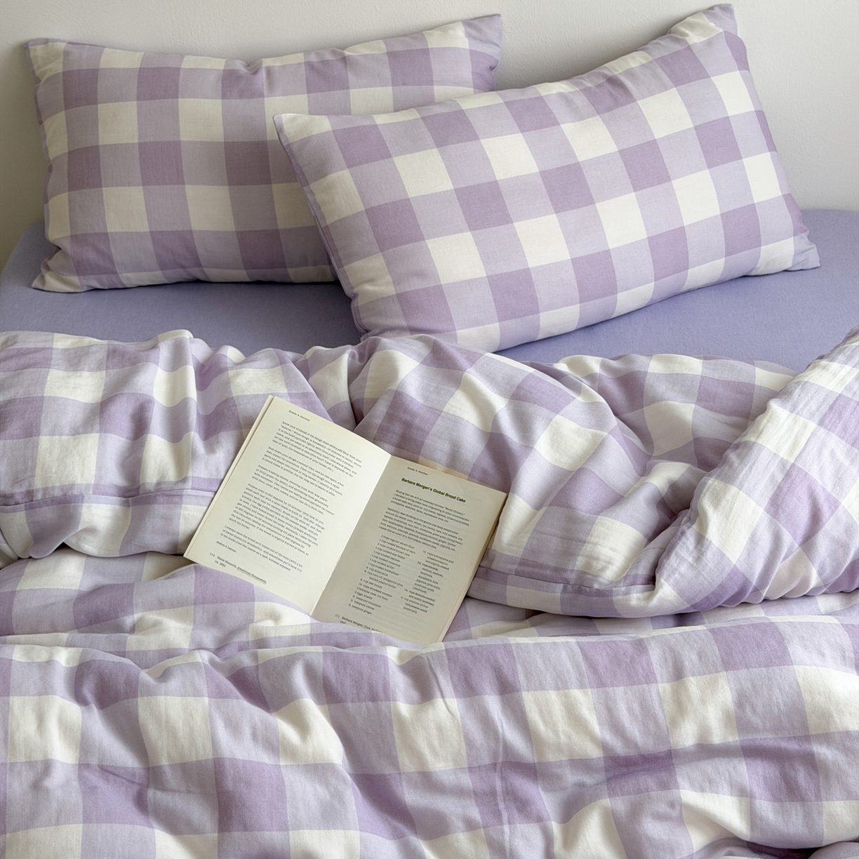 91家纺网 家纺一手货源 找家纺 玖弘家居 2026新款全棉双层纱格子四件套（默认格子枕套） 朦胧紫