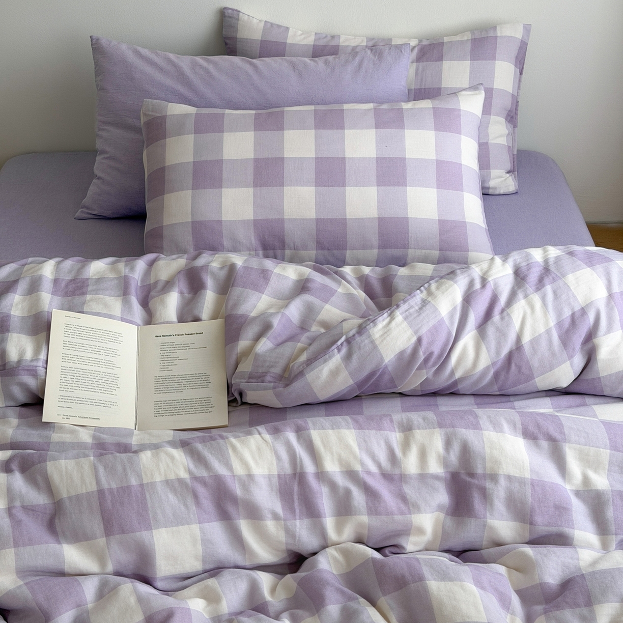 91家纺网 家纺一手货源 找家纺 玖弘家居 2026新款全棉双层纱格子四件套（默认格子枕套） 朦胧紫