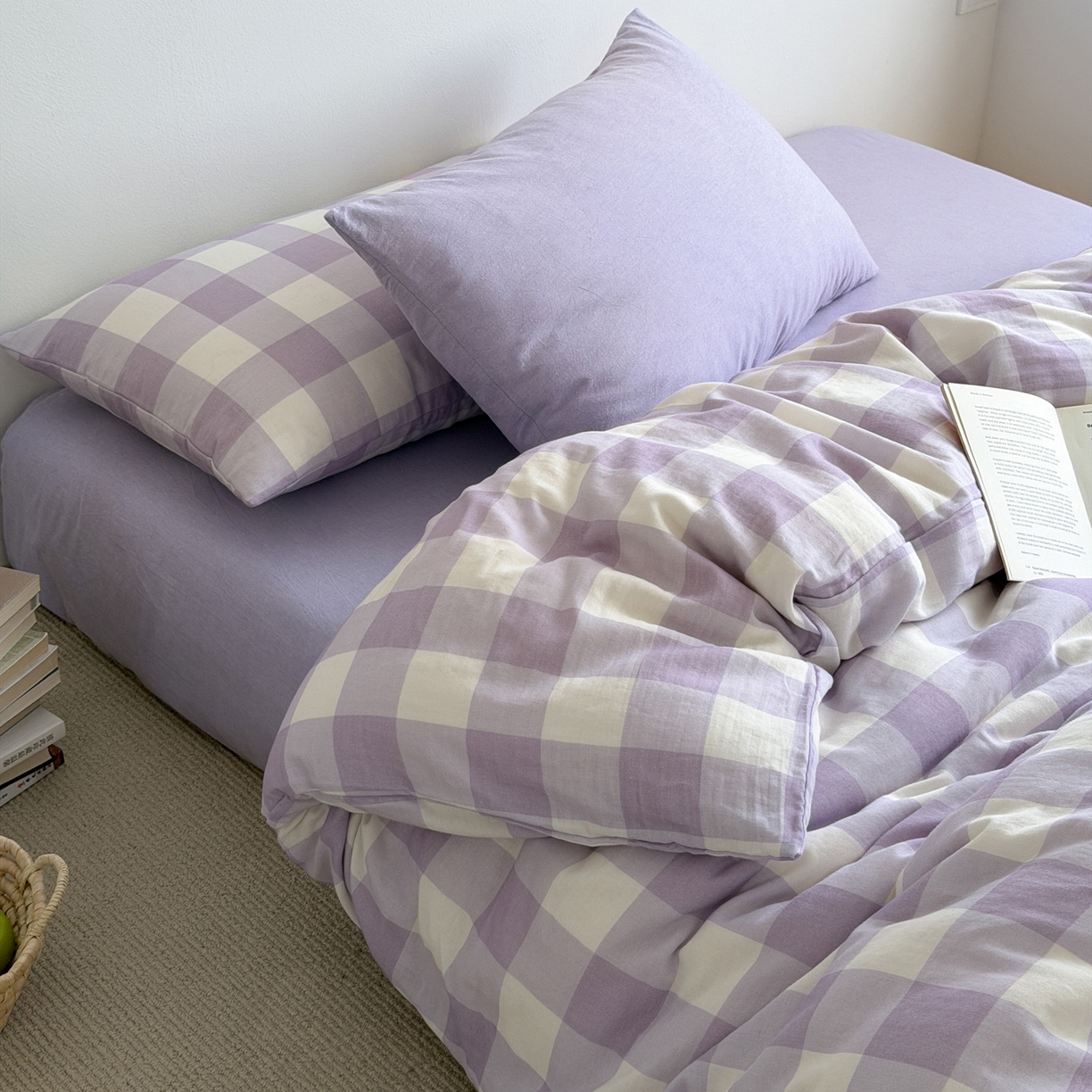玖弘家居 2026新款全棉双层纱格子四件套（默认格子枕套） 朦胧紫