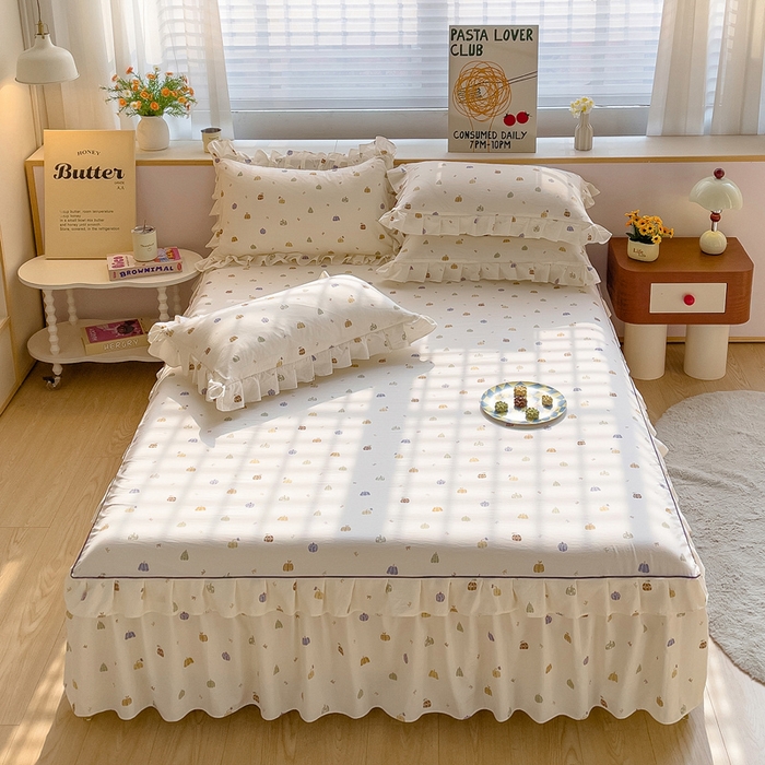 （总）优家居 2026新款精仿棉床裙三件套水洗棉韩版公主风花边床裙直播外贸定制