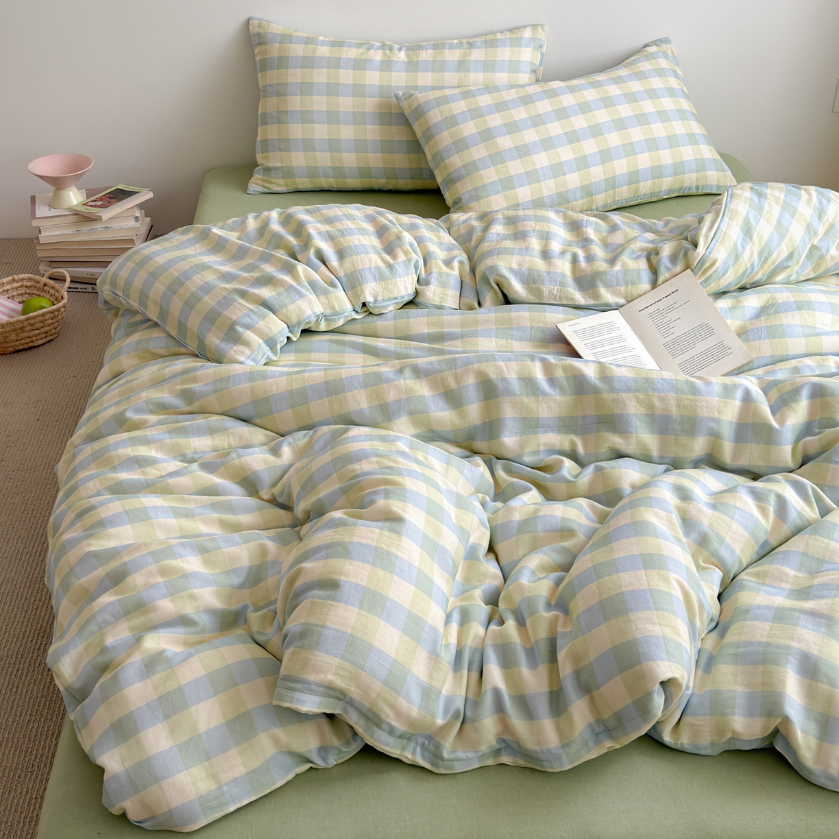 91家纺网 家纺一手货源 找家纺 玖弘家居 2026新款全棉双层纱格子四件套（默认格子枕套） 柠檬绿