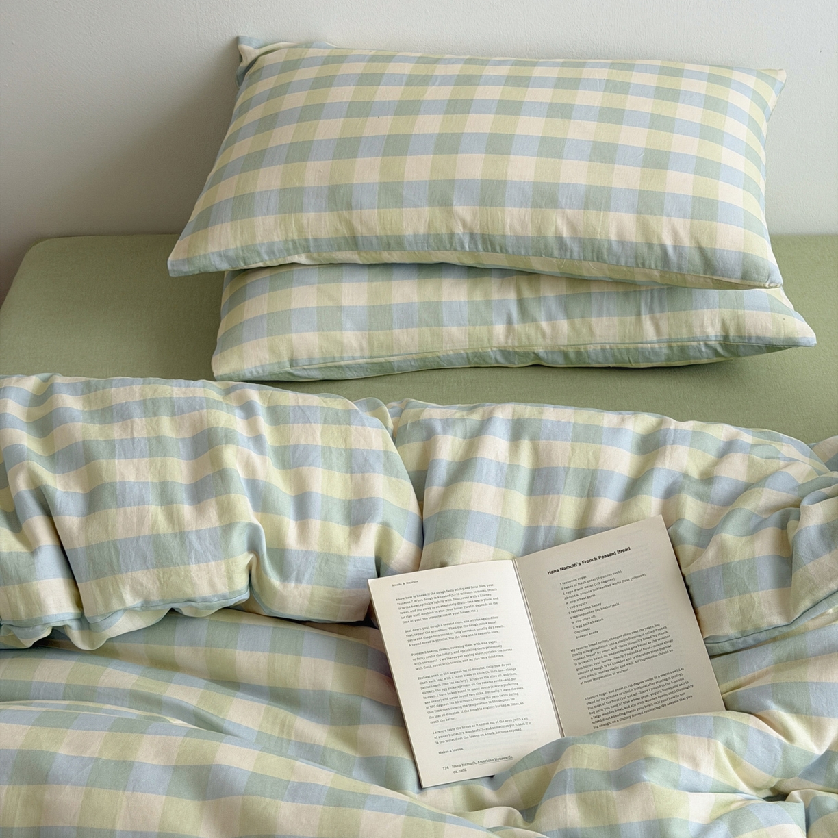 91家纺网 家纺一手货源 找家纺 玖弘家居 2026新款全棉双层纱格子四件套（默认格子枕套） 柠檬绿