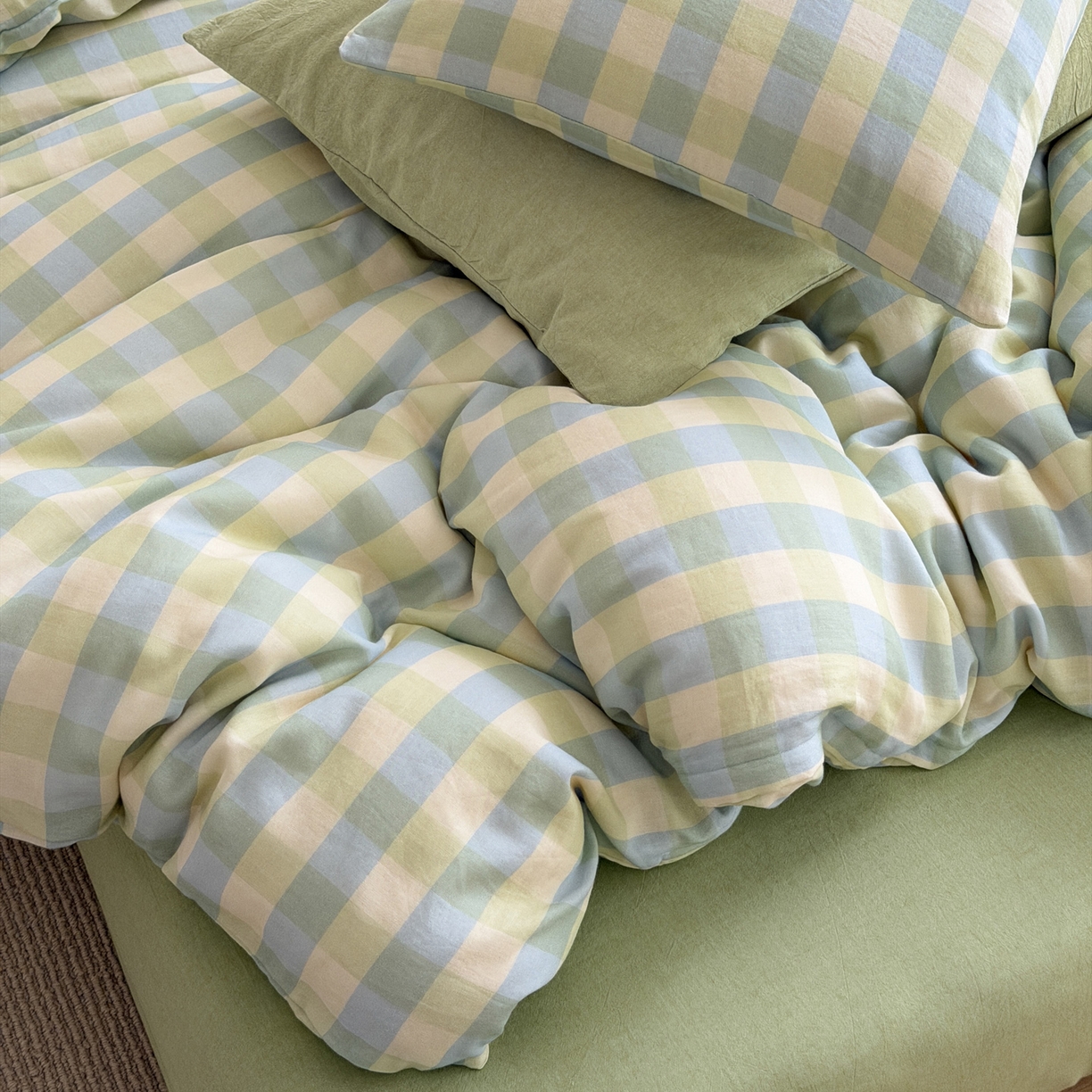 91家纺网 家纺一手货源 找家纺 玖弘家居 2026新款全棉双层纱格子四件套（默认格子枕套） 柠檬绿