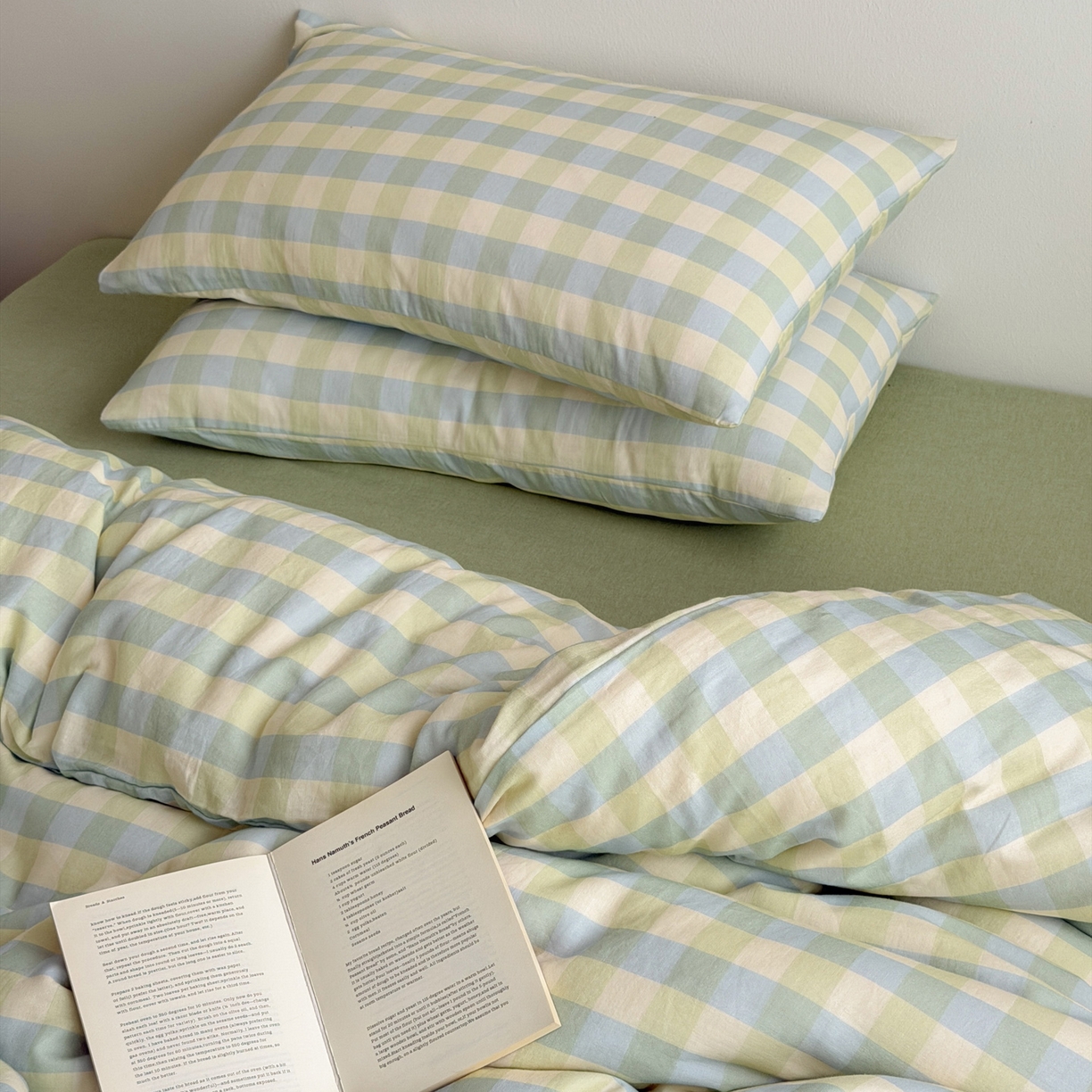 91家纺网 家纺一手货源 找家纺 玖弘家居 2026新款全棉双层纱格子四件套（默认格子枕套） 柠檬绿