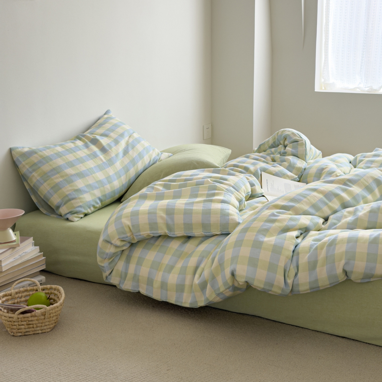 91家纺网 家纺一手货源 找家纺 玖弘家居 2026新款全棉双层纱格子四件套（默认格子枕套） 柠檬绿