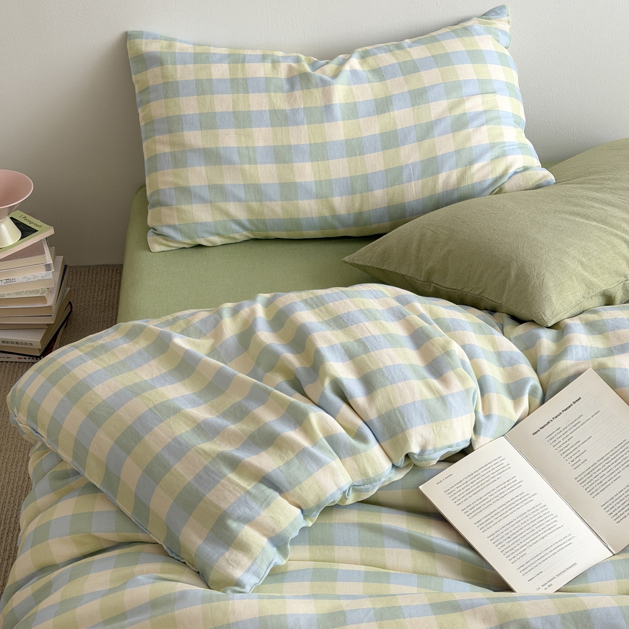 91家纺网 家纺一手货源 找家纺 玖弘家居 2026新款全棉双层纱格子四件套（默认格子枕套） 柠檬绿