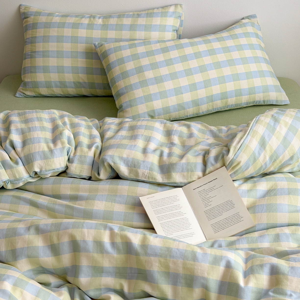 91家纺网 家纺一手货源 找家纺 玖弘家居 2026新款全棉双层纱格子四件套（默认格子枕套） 柠檬绿