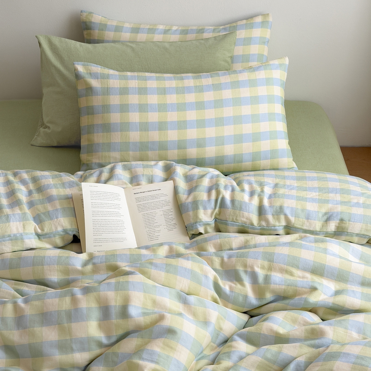 91家纺网 家纺一手货源 找家纺 玖弘家居 2026新款全棉双层纱格子四件套（默认格子枕套） 柠檬绿