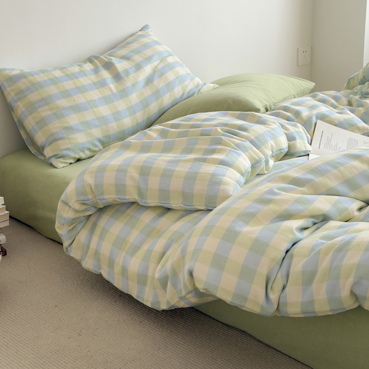 91家纺网 家纺一手货源 找家纺 玖弘家居 2026新款全棉双层纱格子四件套（默认格子枕套） 柠檬绿