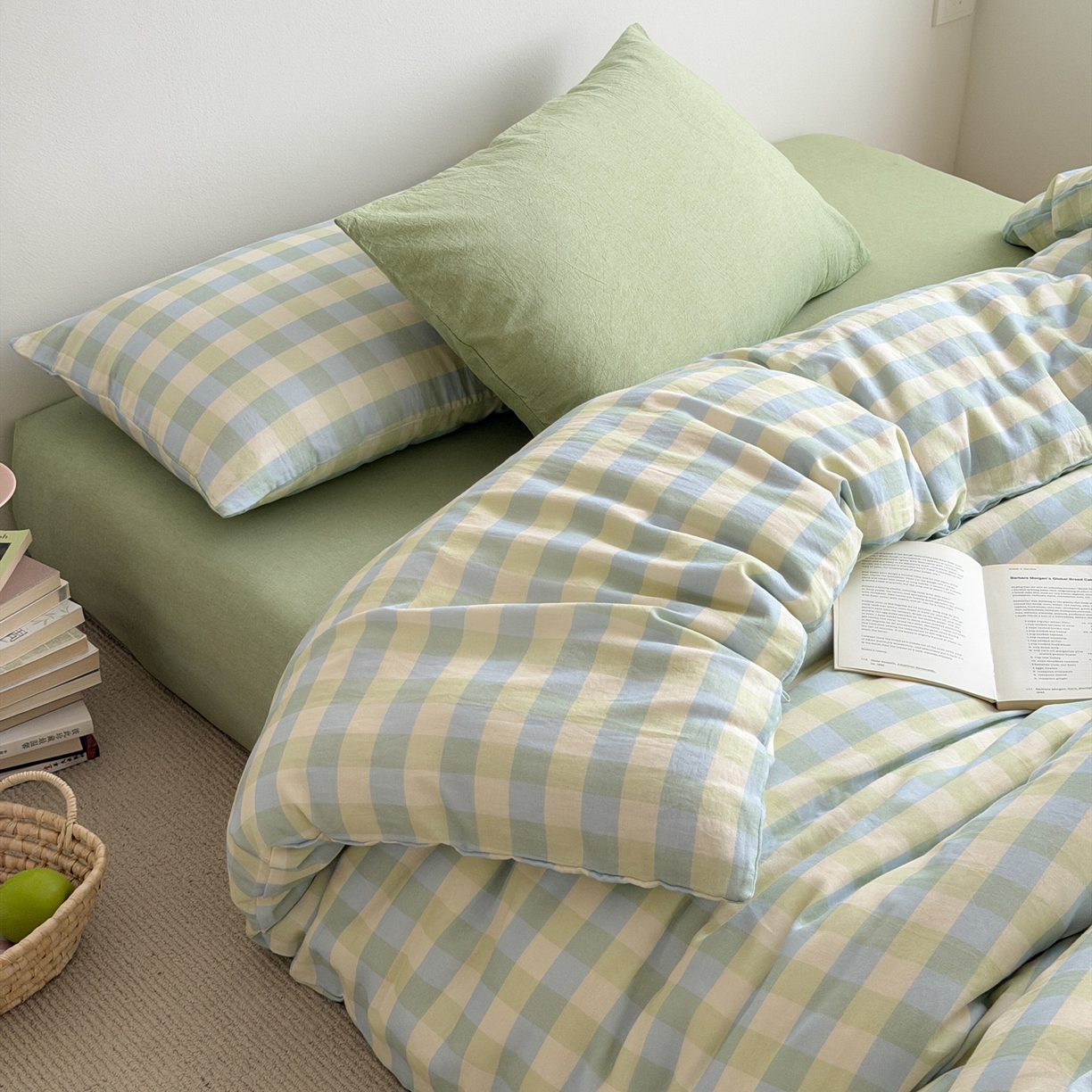 玖弘家居 2026新款全棉双层纱格子四件套（默认格子枕套） 柠檬绿