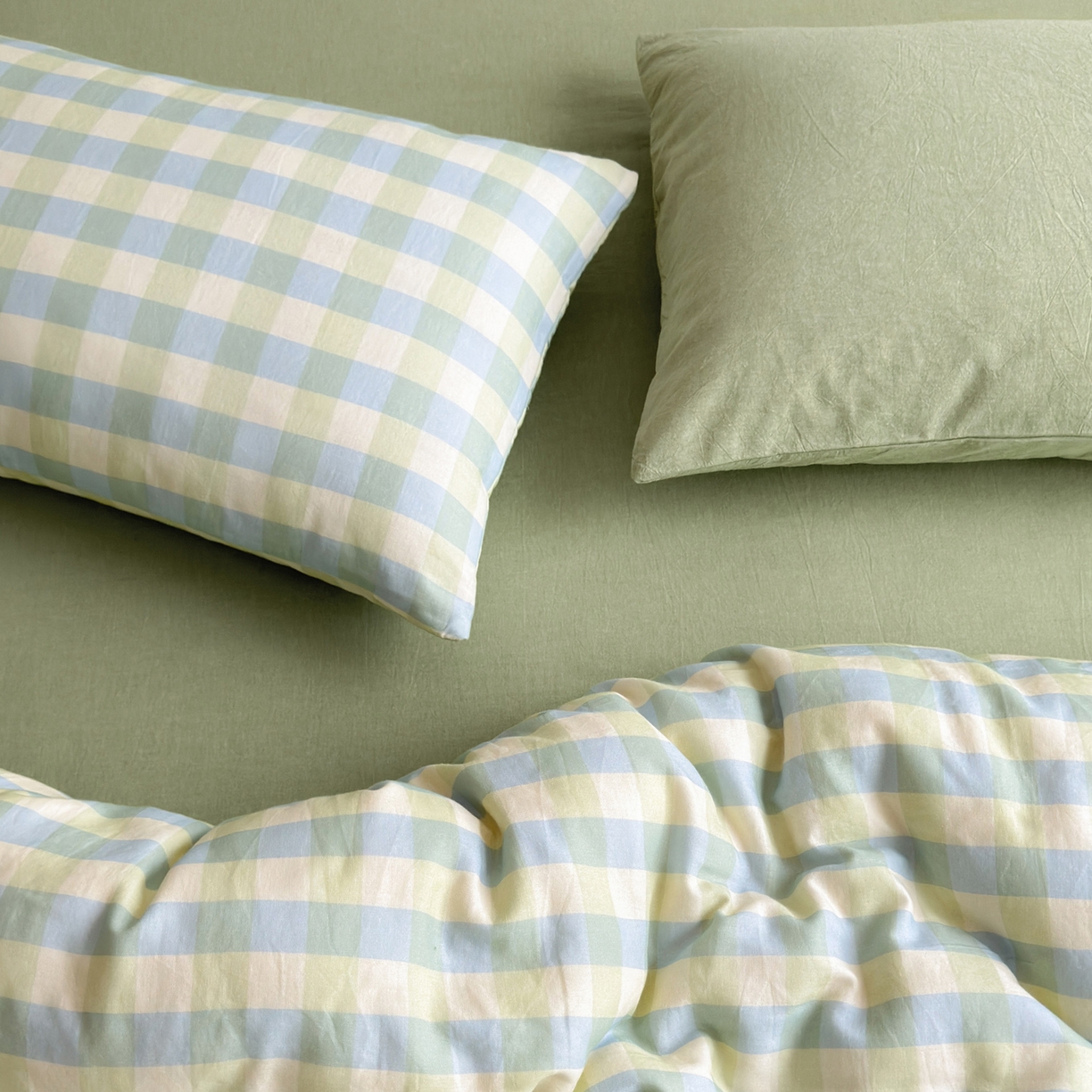 91家纺网 家纺一手货源 找家纺 玖弘家居 2026新款全棉双层纱格子四件套（默认格子枕套） 柠檬绿