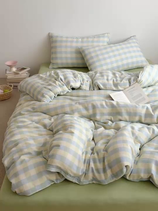 91家纺网 家纺一手货源 找家纺 玖弘家居 2026新款全棉双层纱格子四件套（默认格子枕套） 柠檬绿