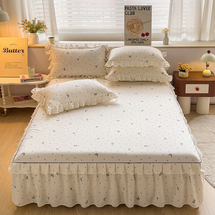 优家居 2026新款精仿棉床裙三件套水洗棉韩版公主风花边床裙直播外贸定制 蝶舞翩翩